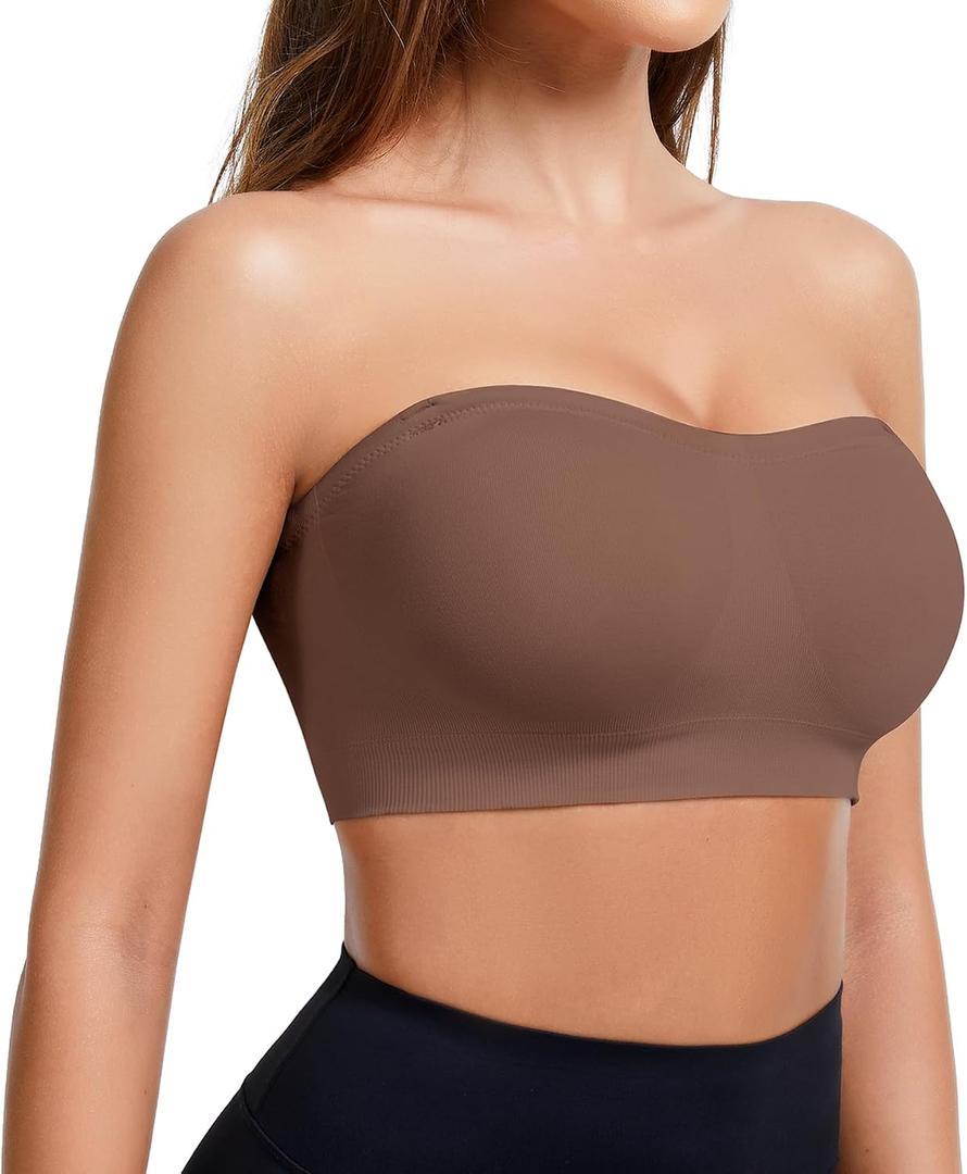Strapless Bra for Women Wireless Padded Bandeau Bra Seamless Non-Slip Silicone Tube Top Push Up Bralette (Brown, M)