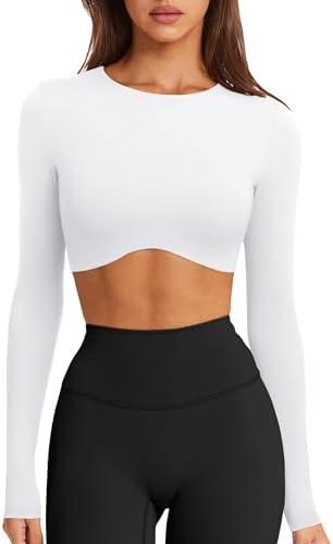 LASLULU Womens Sexy Double Lined Long Sleeve Shirts Crewneck Workout Tops Athletic Yoga Shirts Going Out Crop Tops.M