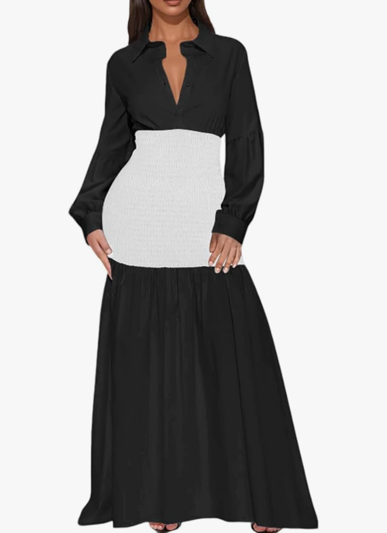 Ekaliy Women's Puff Long Sleeve Shirt Dress Elegant Button Down Loose Swing Party Maxi Dress Size M