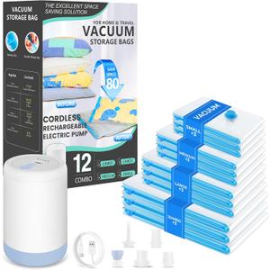Vacuum Bags for Travel with Portable Electric Pump,12 Pack Vacuum Seal Bags for Luggage and Suitcase Compression, Space Saver Vacuum Storage Bags for Clothes and Clothing Travel, 12 Combo