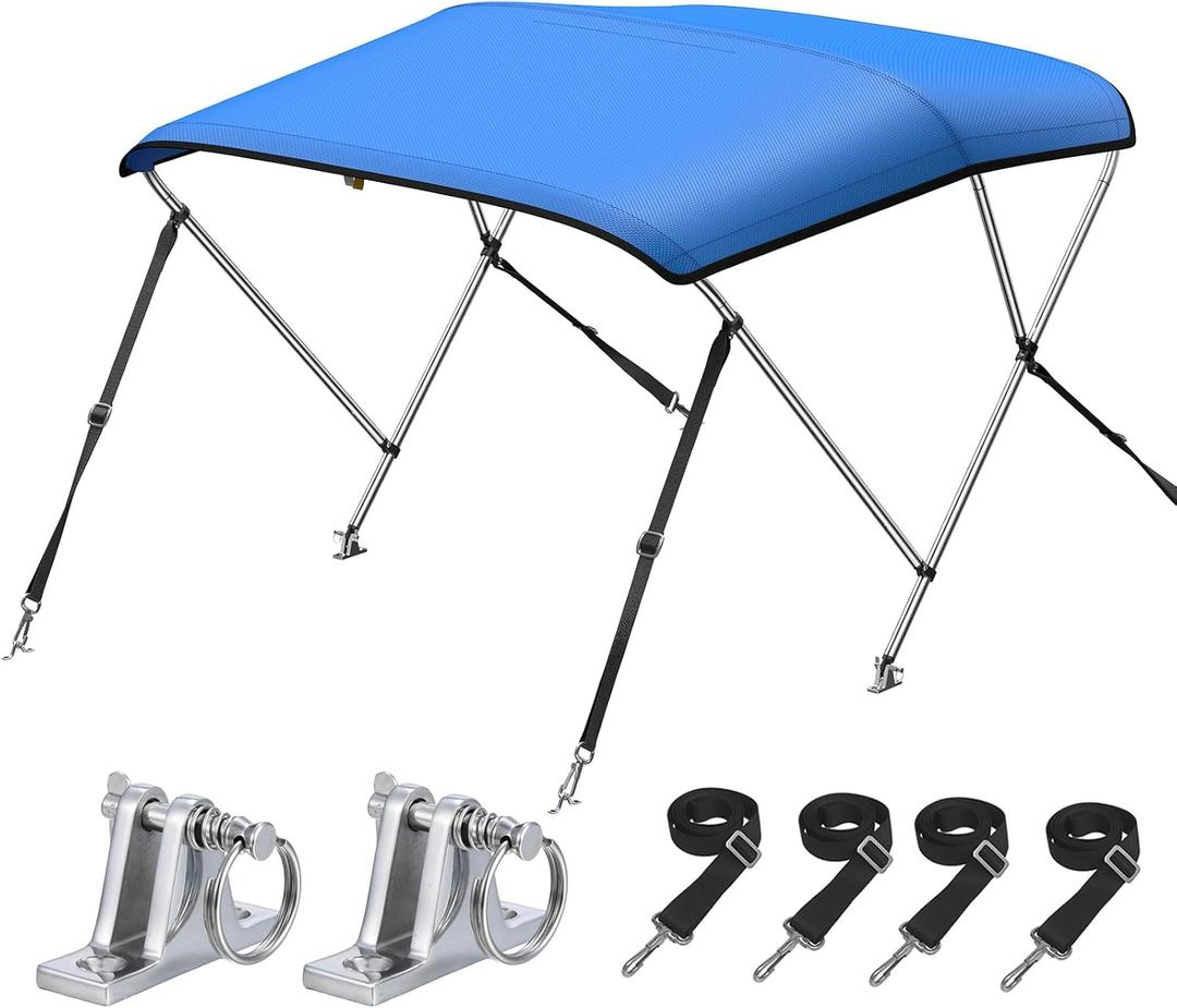 KAKIT Bimini Top for Boats, Metal Base (3 Bow 6'L x 46" H x 73"-78" W,Blue) Heavy Duty, Anti-UV, Waterproof, Support Poles, 4 Straps, Zippered Storage Boot, Marine Grade Oxford