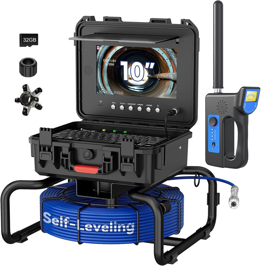 10 Inch IPS Sewer Inspection Camera with 512Hz Locator, 1080P AHD, 50M Cable, DVR, Auto Self-Leveling, 5X Zoom, TF Card, LED Lights for Pipe/Wall/Drain (100FT/512hz Locator)