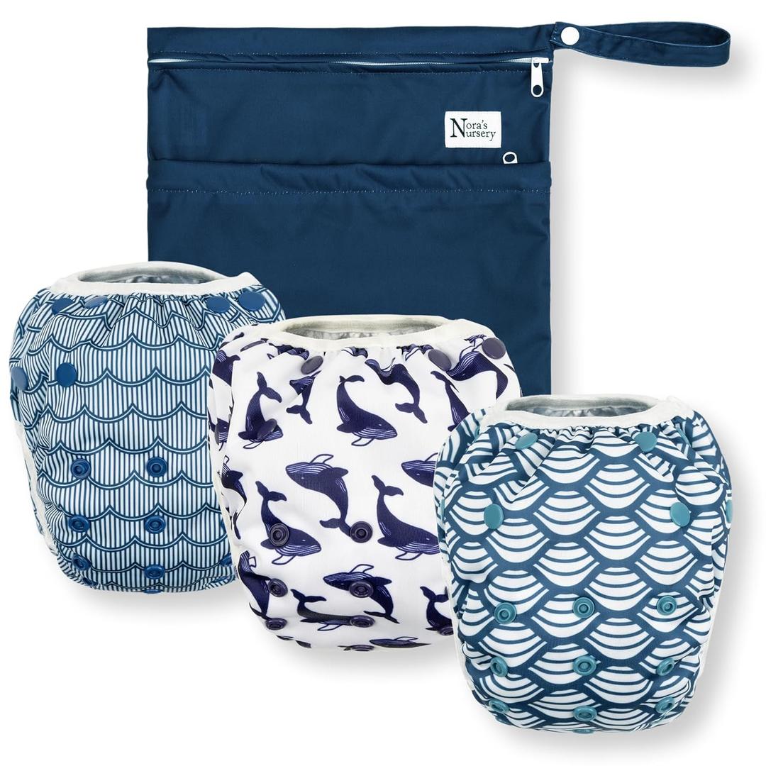 Nora's Nursery Reusable Swim Diapers and Wet Bag  One Size Fully Adjustable  Big Splash Unisex 3 Pack with Wet Bag