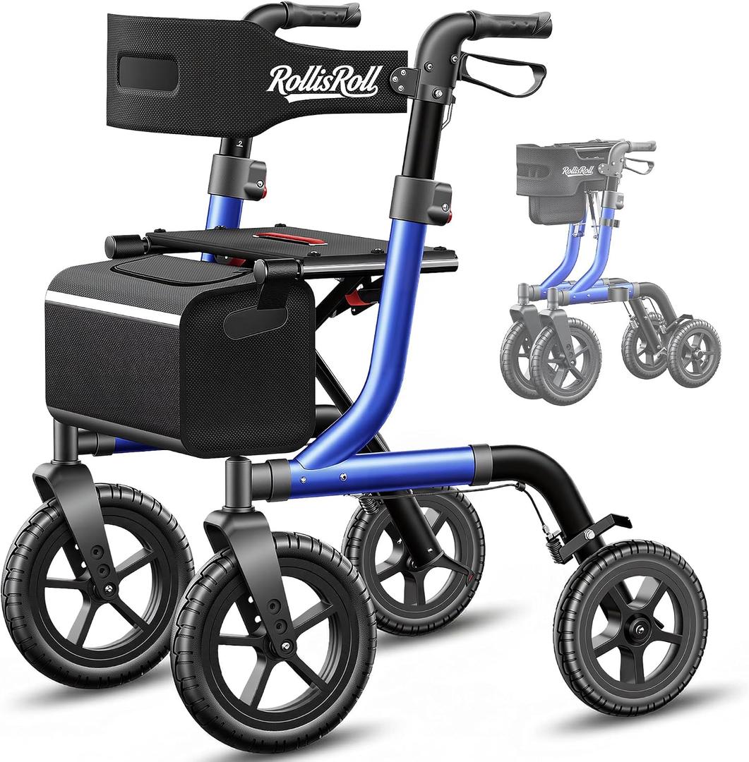Walkers for Seniors, Rollator Walker with Seat, 12" Big Rubber Wheels All Terrain Rolling Walker, Foldable Rollator Walker, Built-in Cable, Reinforced Aluminum Frame, Blue