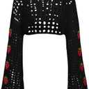 SHENHE Women's Strawberry Top Y2k Knit Shrug Sweater Crochet Crop Hollow Out Long Sleeve See Through Sweater Tops (Large, Black)