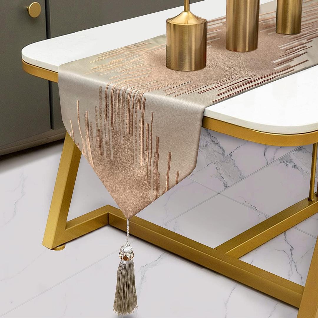 Champagne 120 Inches Long Table Runner Gorgeous Embroidery Vintage Thick Fabric Abstract Striped Table Runners for Home Living Room Bedroom Dinner Room Art Decor Holiday (13" X 120")