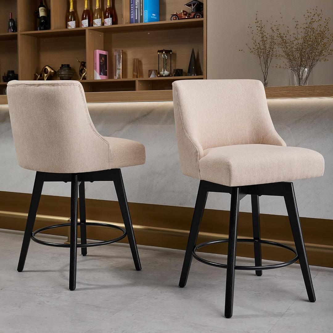 Counter Height Bar Stools Set of 2,Swivel Barstools with Backs and Wood Legs,Linen Fabric Upholstered Counter Stools for Kitchend Island,Mid-Century Modern 26"Seat Height Bar Chairs,Flax Beige, 26" Seat Height - 2 Pieces