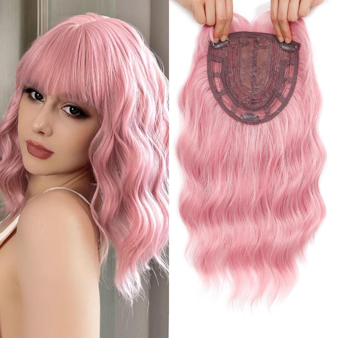 14 Inch Wavy Hair Topper 6.5''X6.5'' Base Pink Wig for Ladies Synthetic Hair Pieces for Women with Bangs