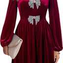 Happy Sailed Womens Velvet Dress Fall Winter Long Sleeve Bowknot High Waisted A Line Cocktail Dresses for Wedding Guest L