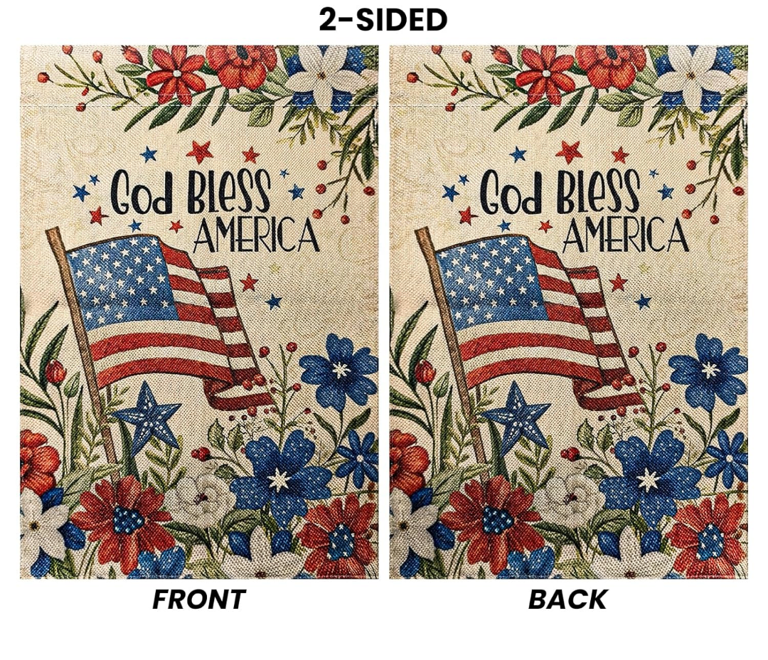 LHSION God Bless America House Flag 28 x 40 Inch Welcome 4th of July Patriotic Floral Vertical Double Sided Flag for Outdoor Anniversary Decor