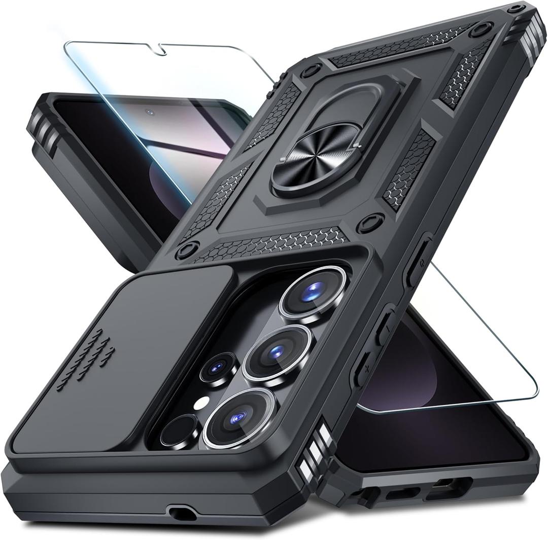 Janmitta Compatible with Samsung Galaxy S26 Ultra Case Built in Slide Camera Lens Cover+Screen Protector+Finger Ring Holder Kickstand,Heavy Duty Shockproof Full Body Phone Cover,2026 Black