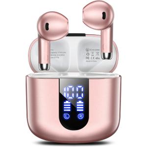 Wireless Earbuds, Bluetooth Headphones with Deep Bass Stereo, 48H Playback Ear Buds with LED Power Display, Lightweight, IPX7, in-Ear Earphones with Mic for iPhone/Android/iPad, Rose Gold