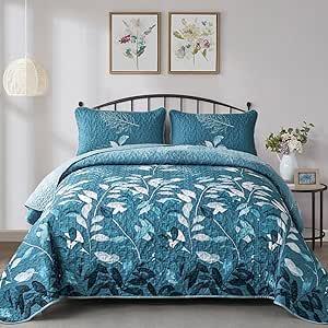 WONGS BEDDING Quilt Set King Size, 3 Pieces Teal Floral Botanical Leaves Bedspread Coverlet Set with 2 Pillowcases for All Season, Soft Microfiber Floral Bedding Set 104"×90", Teal 