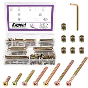 Swpeet 85Pcs M6 20/30/40/50/60/70/80mm Colored Zinc Screws Kit, Hex Socket Head Cap Crib Baby Bed Bolt and Barrel Nuts with 1Pc Allen Wrench Perfect for Furniture, Cots, Hardware Crib Screws