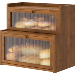 Double Layer Bamboo Bread Box for Kitchen Counter,Bread Holder,Countertop Bread Storage with Window (Brown)