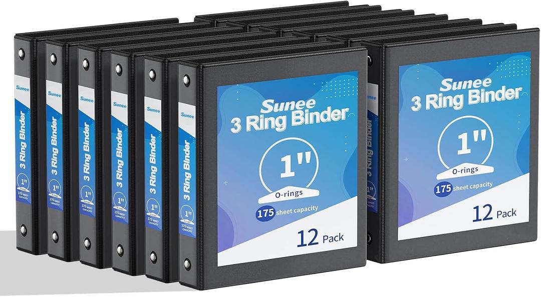 SUNEE 3 Ring Binders 1 Inch 12 Pack, Clear View Three Ring PVC-Free (Fit 8.5x11 Inches) for School or Office Supplies, Black