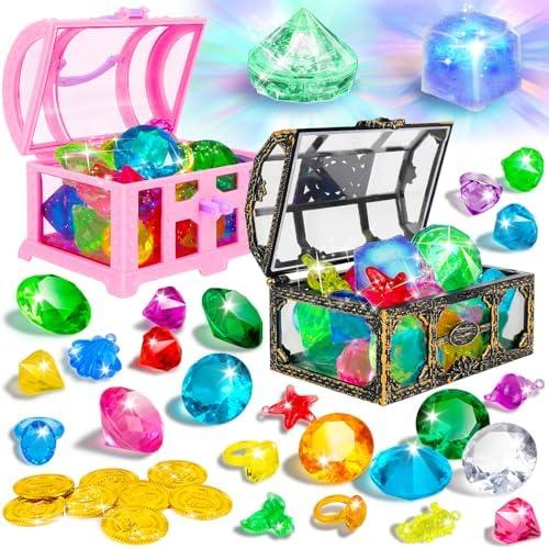 Diving Gems Pool Toys, 35Pcs Colorful Diamond Set with Pirate Treasure Chest, 2Light-Up Flashing Gems, Swim Dive Toys for Kids, Underwater Gemstone Swimming Training Pool Diving Toys for Kids Toddlers