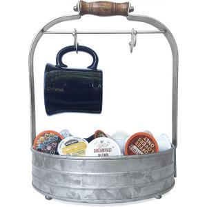 Autumn Alley Rustic Farmhouse Galvanized Coffee Mug Rack Organizer for Kitchen Counter | Mug Tree with Cup Hooks and Basket for Storage of k cups and Accessories | Perfect for Coffee Bar