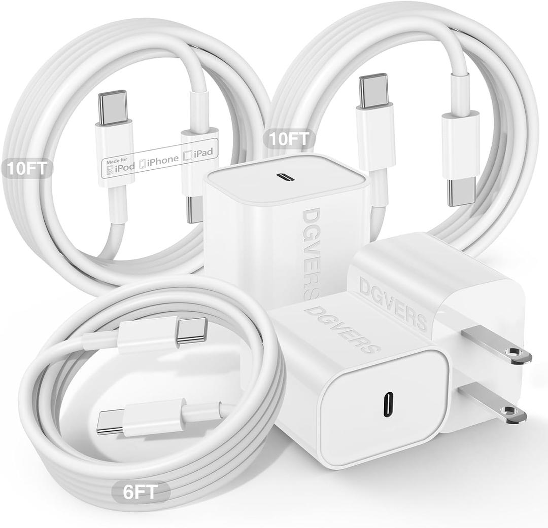 Fast Charger for iPhone 17 16 15 Charger Fast Charging 3Pack, 6+10+10ft USBC to USBC Cable Cord &20W Type C Block for iPhone 17/17 Air/17 Pro Max/17 Pro/16 15 Pro Max/Pro/Plus,iPad Pro/Air/Mini (White)