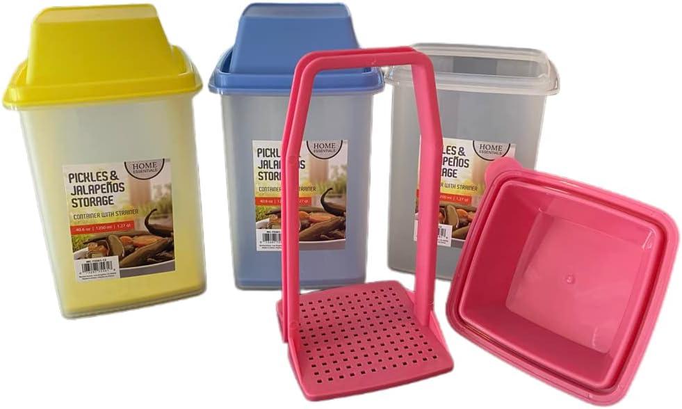 Pickle Storage Container with Strainer (3 Pieces) with Lift, Drain and Store Condiment Food Saver Jar with Snap Lid | 40.6 oz, 7.5" H x 4.25" W x 4.25" L Pink, Yellow, Blue