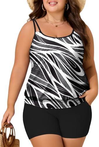 Summer Mae Blouson Plus Size Women's Tankini Swimsuits Tummy Control Modest 2025 Two Piece with Sporty Pockets Bathing Suits , Size 20W