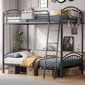 Decofy Bunk Bed Twin Over Twin Metal Bunkbeds with Bedside Caddy, Convertible Ladder&Flat Rungs Space Saving Loft Bed for Adult&Teen