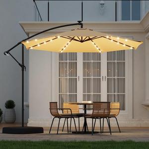 10ft Solar Lighted Patio Umbrella with Base Included, Outdoor Offset Cantilever Umbrella, Infinite Tilt, UV Protection for Backyard, Lawn, Garden & Pool