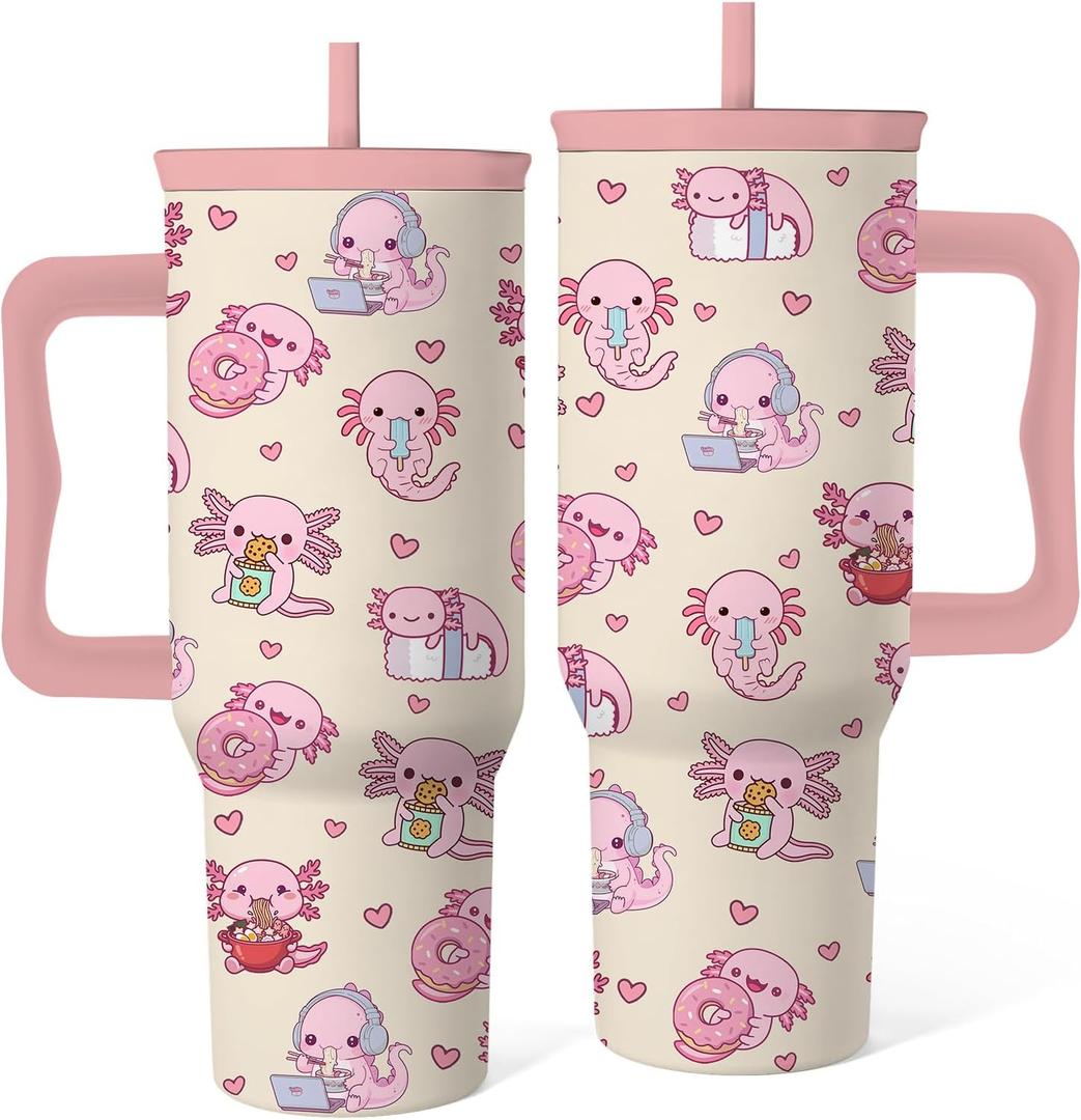 Axolotl Tumbler 40 Oz, Axolotl Gifts For Women, Cute Axolotls Tumbler With Handle, Birthday Gifts For Axolotls Lovers, Pink Insulated Tumblers Cup, 1 Pack