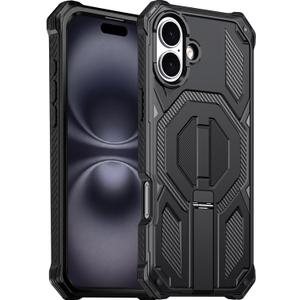 for iPhone 16 Magnetic Case with Screen Protectors, Black | Compatible with MagSafe, Concealed Kickstand, 2 Pack Screen Protectors, Military Grade, Double Layer, Shockproof Protection