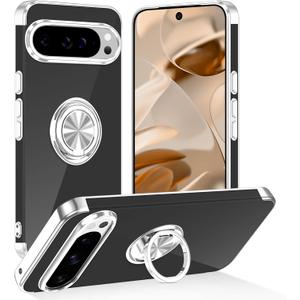 Tnarru Designed for Google Pixel 10/Pixel 10 Pro Clear Case with Stand [Magnetic Ring Holder Kickstand] Soft TPU Bumper Non-Yellowing Anti-Scratch Slim for Google Pixel 10/10 Pro Case Silver