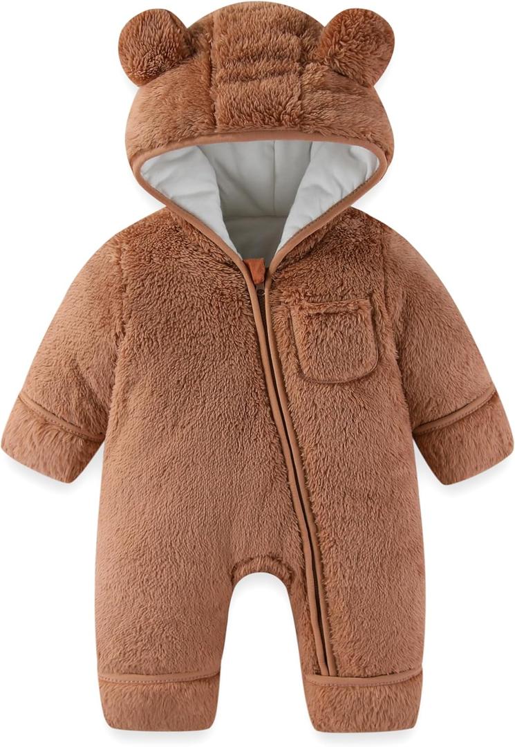 Newborn Baby Bear Outfit With Fold-Over Mittens and Footies Girls Boys Winter Fleece Clothes Hooded Romper Snowsuit (6-9 Months, Thickened-brown)