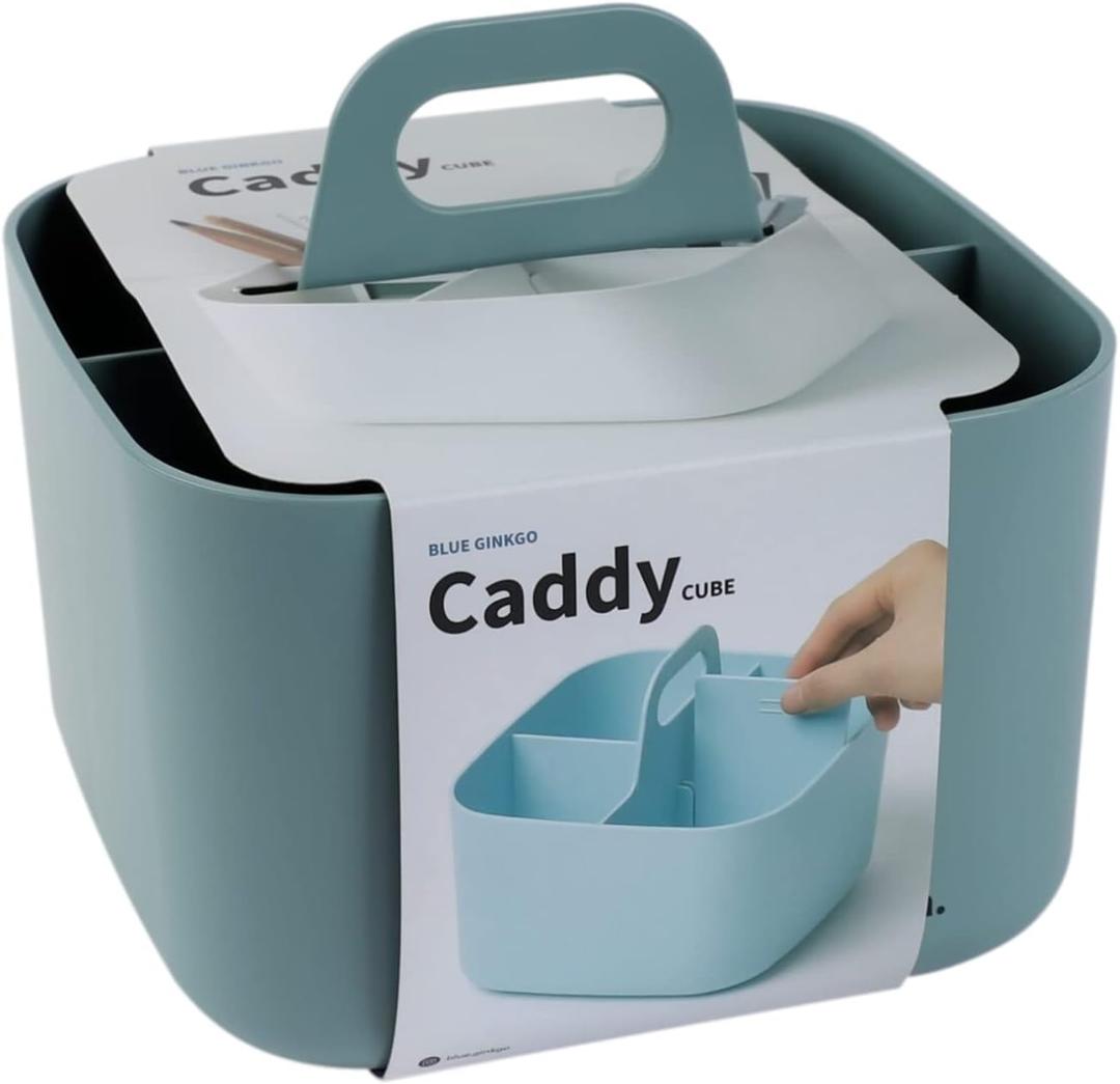 BLUE GINKGO Small Stackable Organizer Caddy  Korean-Made Portable Tote for Bathroom, Office, Crafts, or School Supplies (Square, Green)