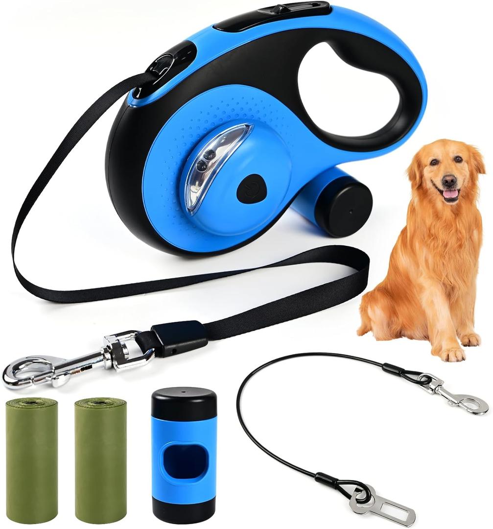 Heavy Duty Retractable Dog Leash for Large Dogs, 26ft Dog Leash with Poop Bag Holder, Up to 110lbs, chew Proof Cable, LED Light, 360 No-Tangle, One-Handed Pause & Locked. (Blue, L 26ft)