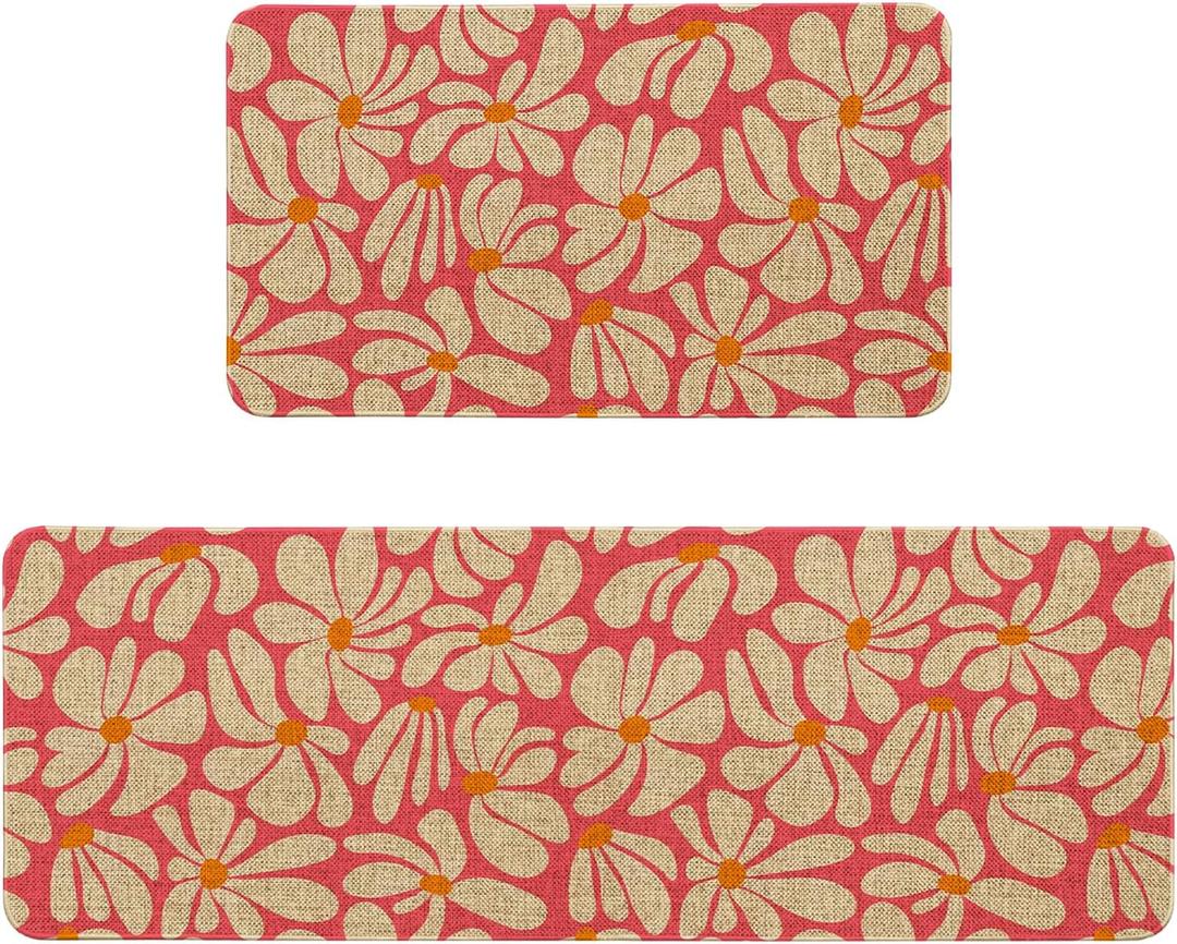 Spring Daisy Floral Kitchen Mats Decor, Pink Retro Groovy Flower Power Kitchen Rugs Sets of 2, Vintage 1970s Floral Rug Home Decorations Indoor, 17" x 30" and 17" x 47"