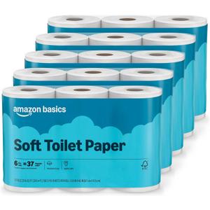 Amazon Basics 2-Ply Soft Toilet Paper, 30 Rolls (5 Packs of 6), 350 Sheets per Roll, Septic Safe, Equivalent to 185 Regular Rolls