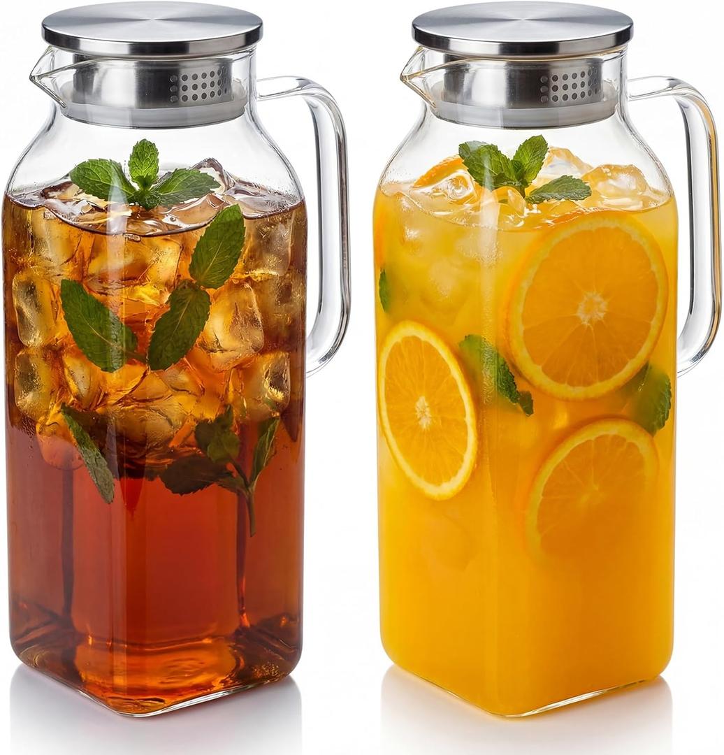 2-Pack 0.5 Gallon Glass Pitcher with Lid & Spout, Borosilicate Carafe for Hot/Cold Drinks, Large Iced Tea Water Jug with Handle, Fridge Safe & Dishwasher Safe