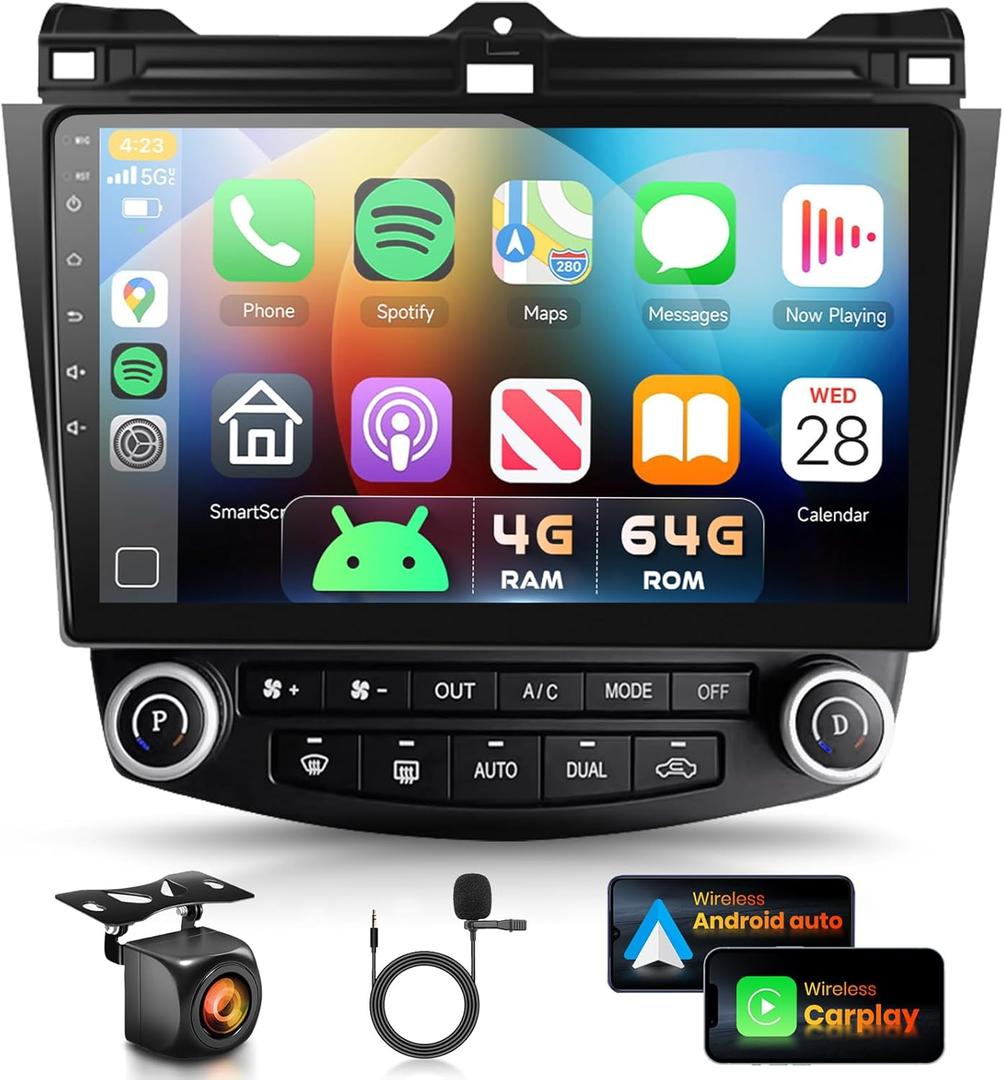 4G+64G Radio for Honda Accord 7th 2003-2007 Car Stereo with Wireless Carplay Android Auto,10.1inch 1280x720P IPS Touch Screen,DSP 32EQ,5.0Bluetooth,RDS/FM Radio AHD Backup Camera GPS WiFi