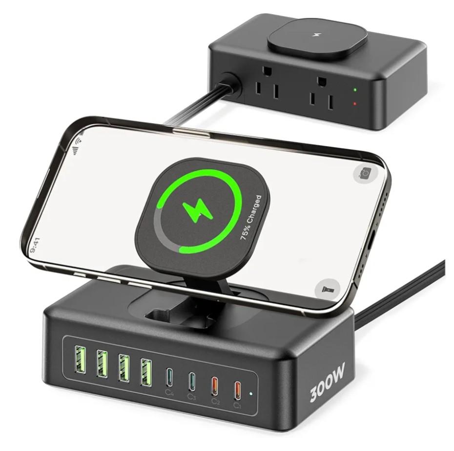 11-in-1 Charging Station USB-C Power Strip, 300W USB C Charger Block, 2AC Outlets 8USB Ports(4USB-C) Surge Protector, 5FT Flat Plug Extension Cord, PD110W Desktop Fast Charging for Home Office, Black