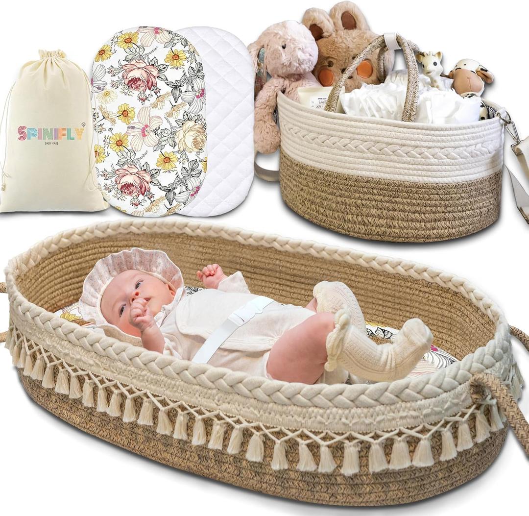 Baby Changing Basket Set with Diaper Caddy Organizer Macrame Boho Moses Basket for Babies, Handmade 100% Cotton Rope, Woven Portable Nursery Decor Waterproof Pad & Floral Pad Baby Changing Basket Set with Diaper Caddy Organizer Macrame Boho Moses Basket for Babies, Handmade 100% Cotton Rope, Woven Portable Nursery Decor Waterproof Pad & Floral Pad