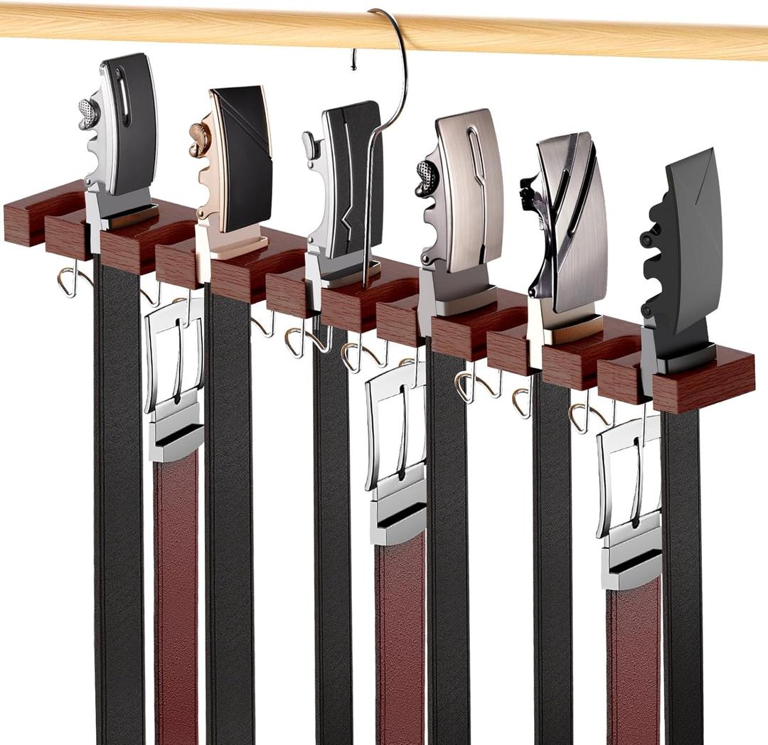 Cuipingoo Belt Hanger for Closet Max 42 Belts, 2-in-1 Wall Mount Belt Organizer with 360 Rotating Hooks, Wooden Tie and Belt Rack for Closet Accessories Organizers and Storage, Walnut Wood