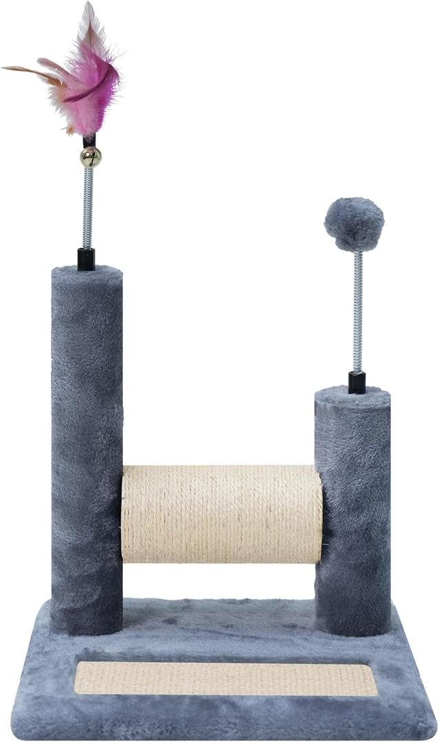 ROYPET Multifunctional Cat Scratching Posts for Indoor Kittens,Cat Scratching Pads for Play and Activity,Scratching Posts with Feather Toys and Spring Hanging Balls,Grey