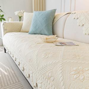 vctops Farmhouse 100% Cotton Quilted Couch Cover Floral Embroidered Sofa Cover Non-Slip Soft Sofa Slipcover Washable Furniture Protector (Cream,28"x28") (1pc/28"x28"/Armrest or Backrest Cover)