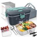 COZYEXPERT Electric-Lunch-Box-Heated-Food-Warmer 100W Heating Lunchbox for Adults 1.8L Portable Food Heater for Work/Car, 12V/24V/110-230V Lonchera Eléctrica Portátil with Fork Spoon (Gray+Green)