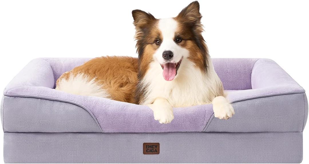 EHEYCIGA Orthopedic Dog Bed for Large Sized Dog, 41x27x7.5 Inch Large Memory Foam Dog Couch Bed with Sides, Waterproof Liner & Washable Removable Cover, Bolster Pet Sofa, Purple