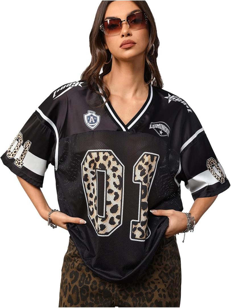 RoseSeek Women's Y2k Football Jersey Shirts V Neck Mesh Oversized Tshirts (XL)