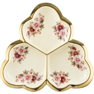 fanquare 3 Compartment Platter, Gold Porcelain Appetizer Serving Tray, Floral Ceramic Divided Serving Plate for Fruit, Candy, Nuts, Large