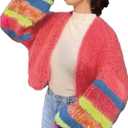SweatyRocks Women's Chunky Knit Open Front Cardigan Striped Long Sleeve Loose Sweater Outerwear (Red, S)