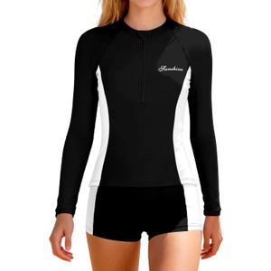 Girls Rash Guard Swimsuit Two Piece Set Colorblock Long Sleeve Bathing Suit UPF50+Sun Protection Swim Suits 11-12Y (Black)