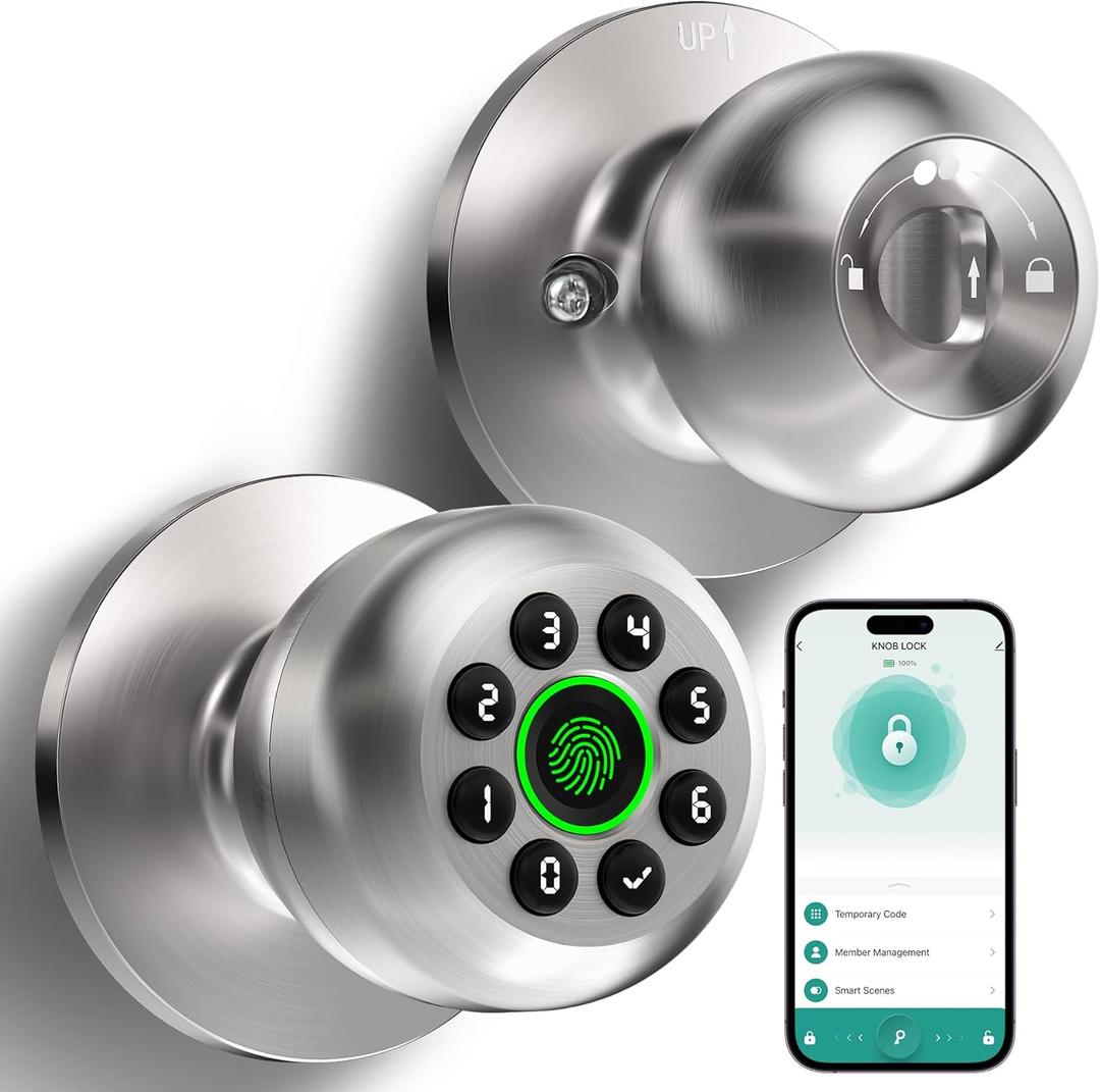 Fingerprint Door Lock, Smart Fingerprint Door Knob with Keypad, Biometric Door Lock with App Control, Auto Lock Door Lock with Code, Keyless Door Knob with Lock for Bedroom, Home,Office-Satin Nickel