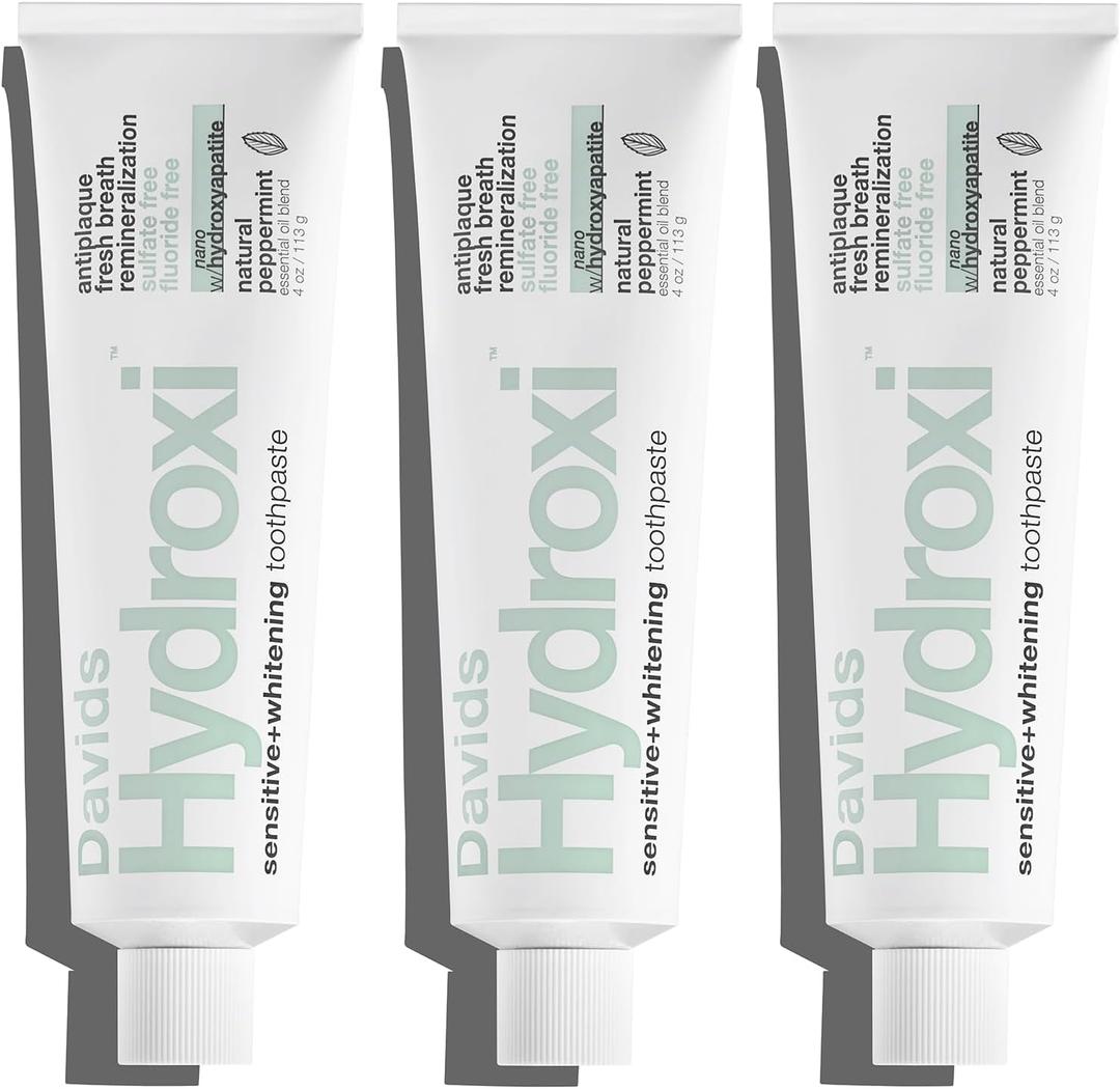 Davids Hydroxi Fluoride Free Nano Hydroxyapatite Toothpaste for Remineralizing, Sensitive Support, Whitening, Antiplaque, SLS Free, Natural Peppermint, 4oz, Made in USA (3 Pack), Best By: 10/31/2028